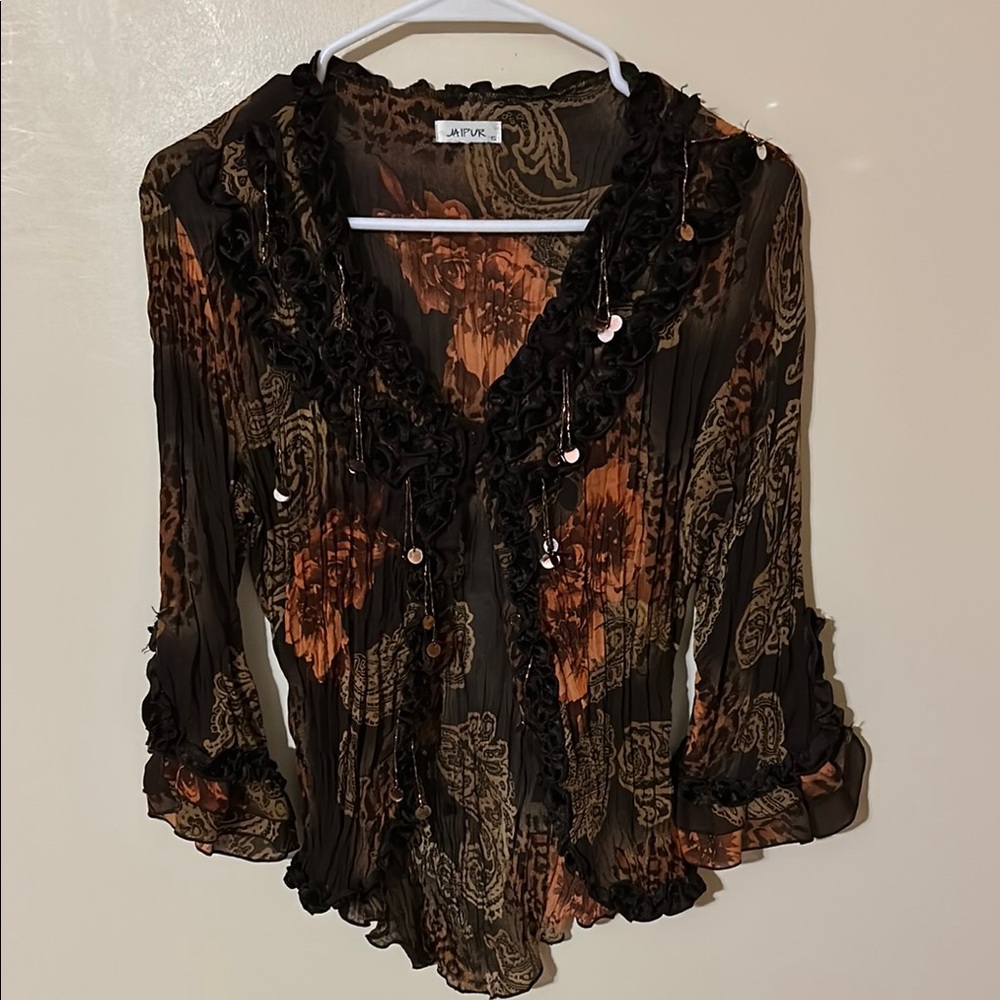 Jaipur Women's Sequin Beaded Ruffle Button Down Blouse/Top Y2K Boho Retro SZ S